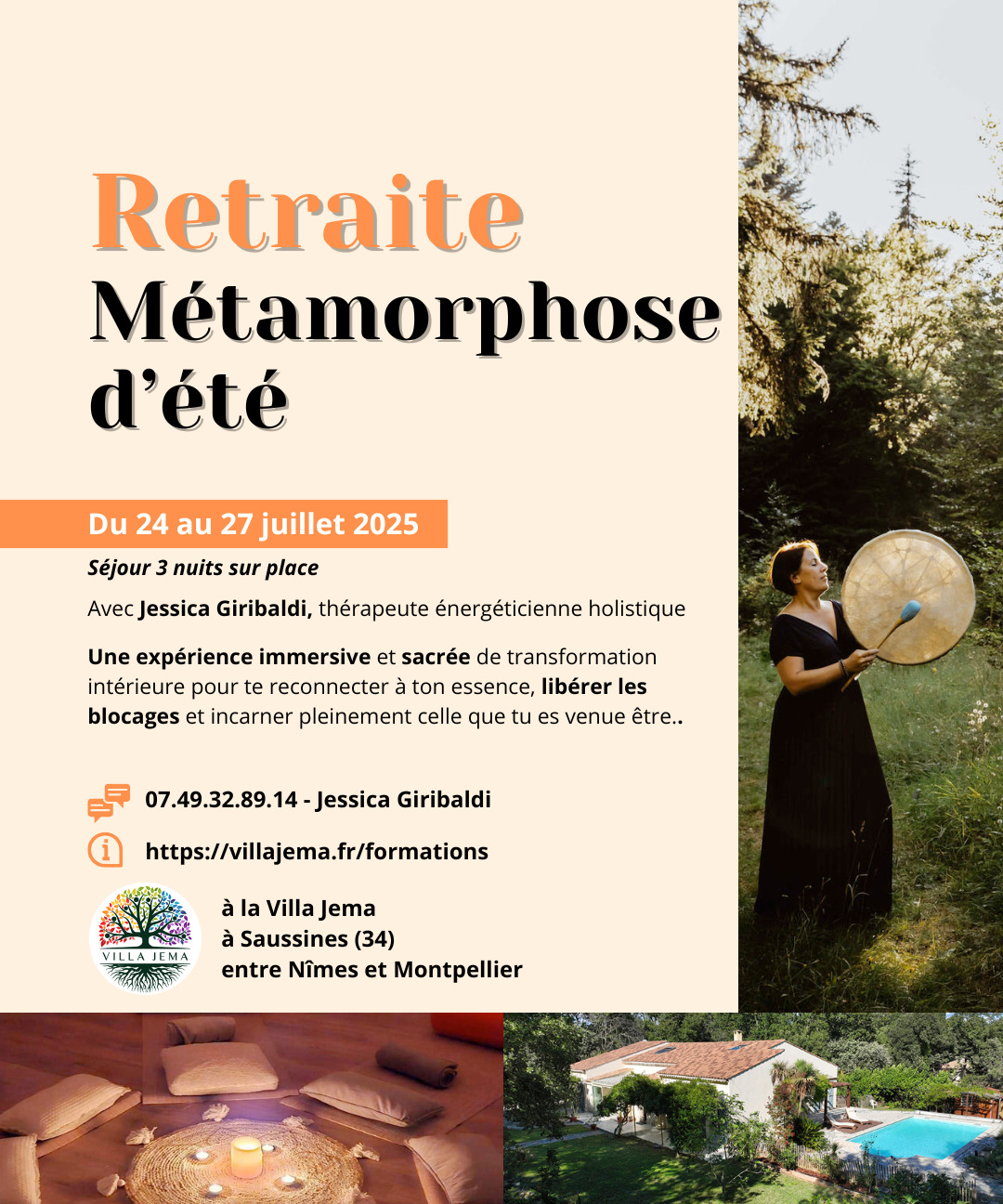 ✨ Retraite Métamorphose – Été 2025 ✨
🦋 Du 24 au 27 juillet – près de Montpellier
Un moment suspendu pour renaître à toi-même.
Un retour profond à ton corps, ton cœur, ton être.
💫 4 jours pour :
– Libérer les blocages qui t'empêchent d’avancer
– Revenir à l’essentiel : ton souffle, ton intuition, ta lumière
– Te réaligner avec qui tu es vraiment
– Vivre une transformation intérieure puissante
🌿 Au programme :
→ Rituels sacrés (cacao, rose)
→ Danse intuitive
→ Breathwork & soins vibratoires
→ Pratiques corporelles conscientes
→ Espaces de partage et d’intégration
🍃 En pension complète végétarienne
🏡 Hébergement en chambre double (lit simple)
📍 Près de Montpellier, dans un lieu naturel et ressourçant
💗 Guidée par @jessica_giribaldi @neorora_academie – thérapeute énergéticienne, créatrice de tambours médecine et accompagnante intuitive
🌀 Il ne reste que 4 places pour cette expérience unique.
Si ton cœur dit oui, c’est le moment 🙏
📩 Infos & inscriptions :
neorora-academie@jessica-giribaldi.com
📱 07 49 32 89 14
🖱️ Lien dans la bio ou sur le site villajema.fr
#RetraiteMétamorphose #RetraiteÉté2025 #TransformationIntérieure #Éveil #Spiritualité #FémininSacré #Renaissance #RetraiteBienÊtre #DéveloppementPersonnel #ReconnectToYourself #JessicaGiribaldi #RetraiteMontpellier